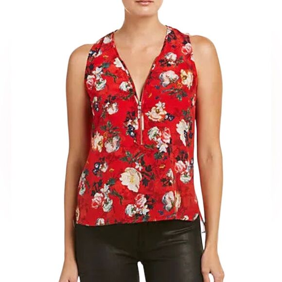 The Kooples Silk Floral Tank Top Red Spring Flower Size M Exposed Zipper - Picture 1 of 9